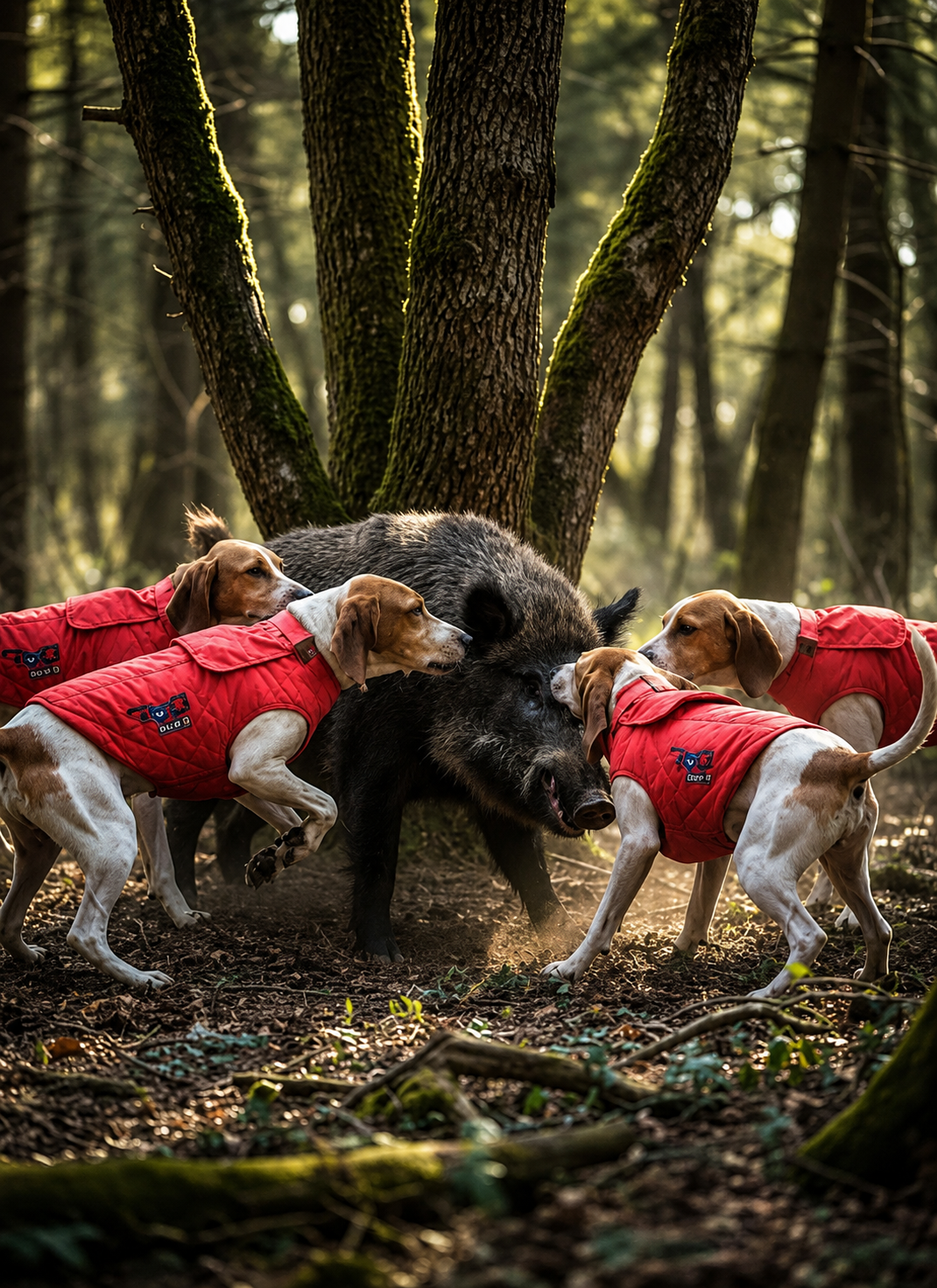 Meute de chiens équipés du gilet RoG Elite i3 face à un sanglier en forêt