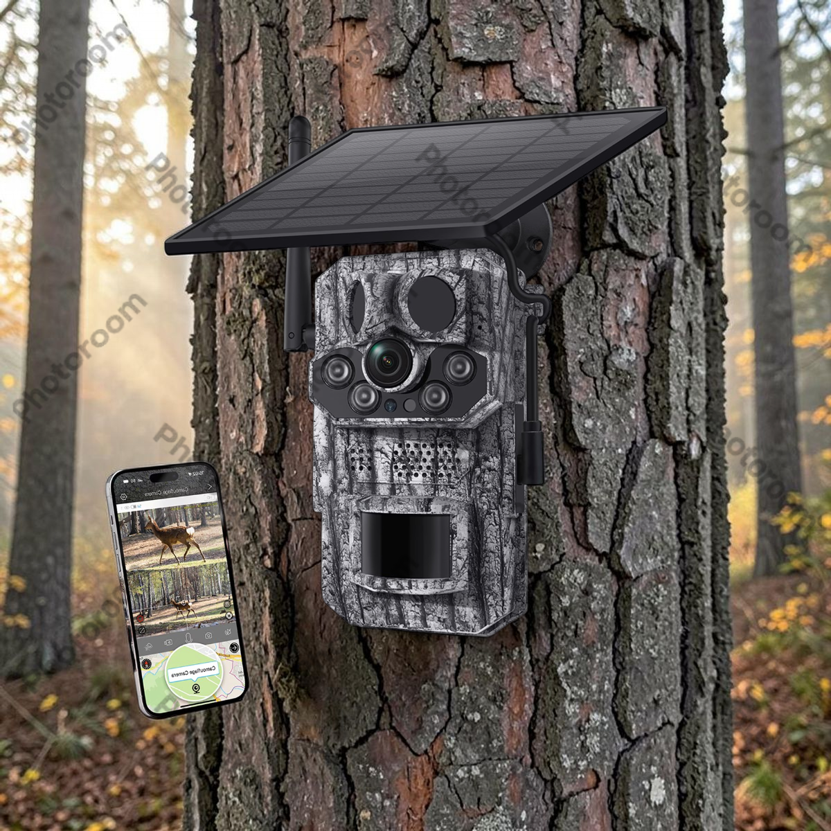 4G trail camera mounted on tree trunk in forest edge, overlooking natural game trail through vegetation, realistic hunting setup, late afternoon light filtering through leaves