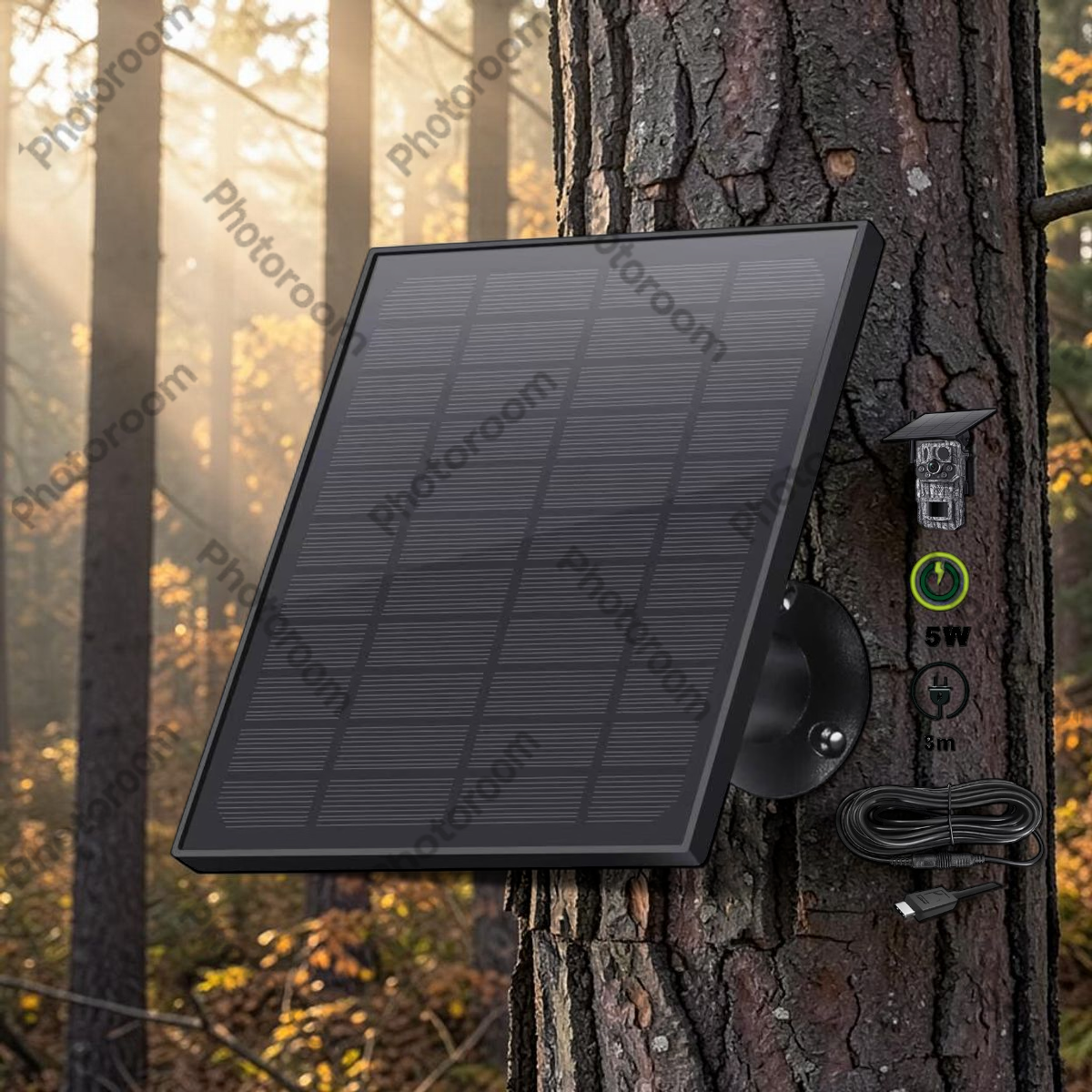 Grid of wildlife images on smartphone screen showing deer and wild boar captured by trail camera, hunter reviewing footage in hunting blind, with forest background, morning light