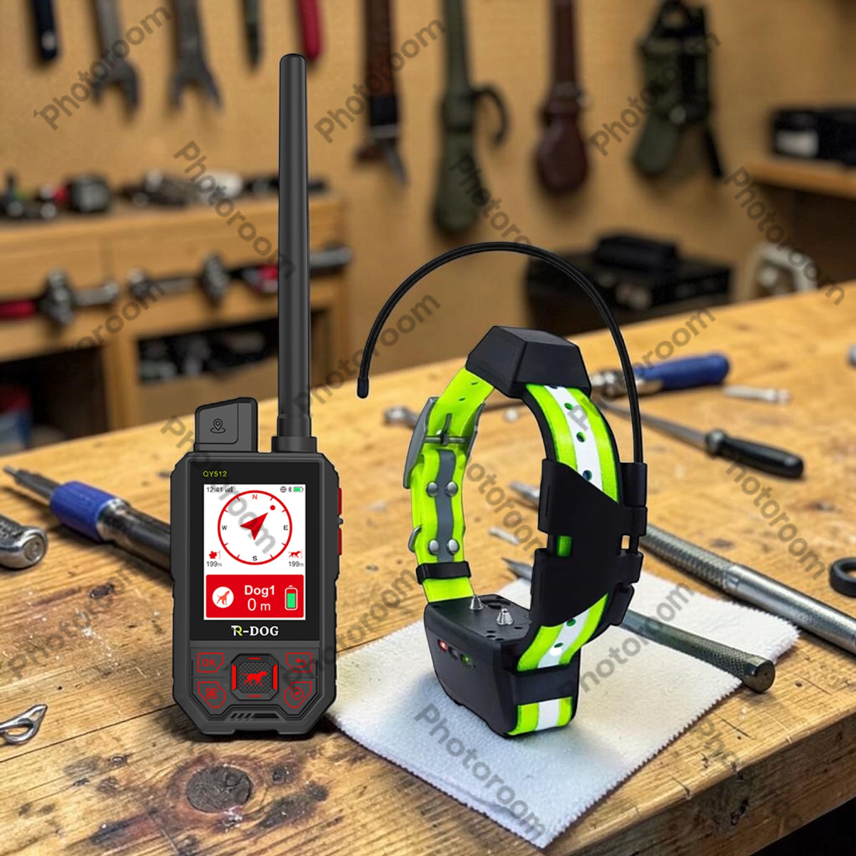 Close-up of a TR DOG V2 GPS collar being cleaned on a wooden workbench, hunter's hands wiping the device with a microfiber cloth, hunting tools in background, natural workshop lighting, detail