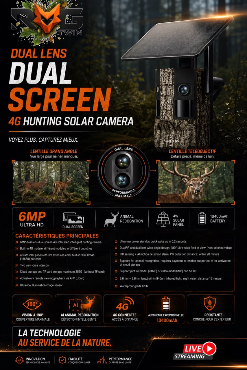 RoG TWIN — Caméra chasse 4G double objectif 180° solaire