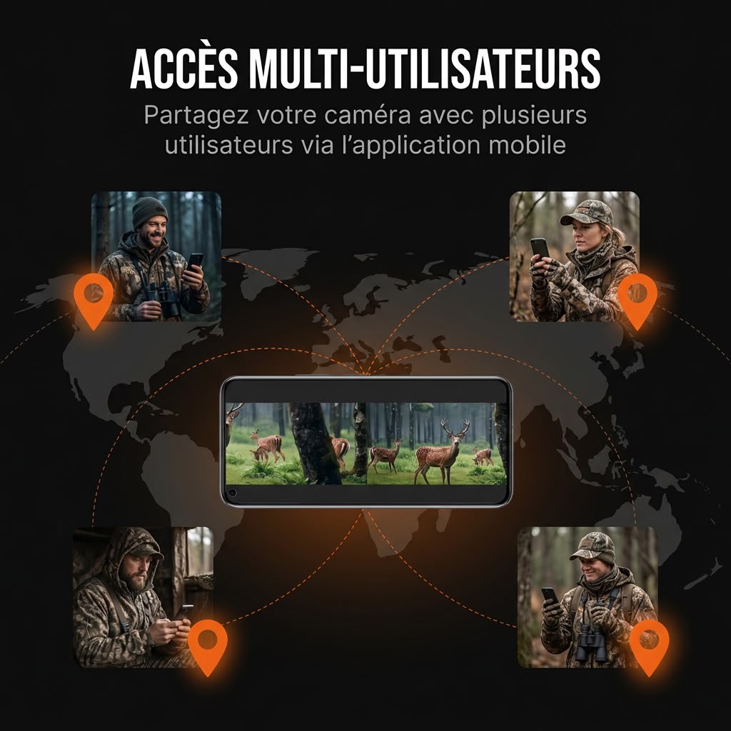 Accès multi-utilisateurs — plusieurs chasseurs consultent la même caméra RoG depuis leur téléphone