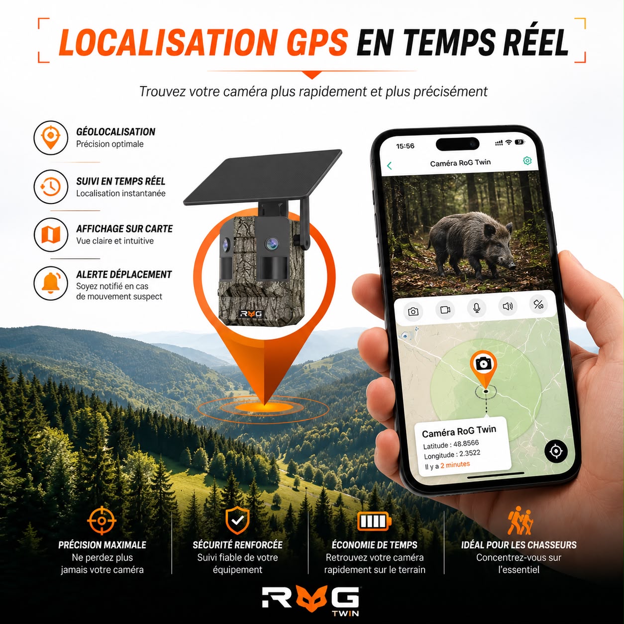 Géolocalisation GPS en temps réel des caméras RoG TWIN et V360 sur carte, application mobile