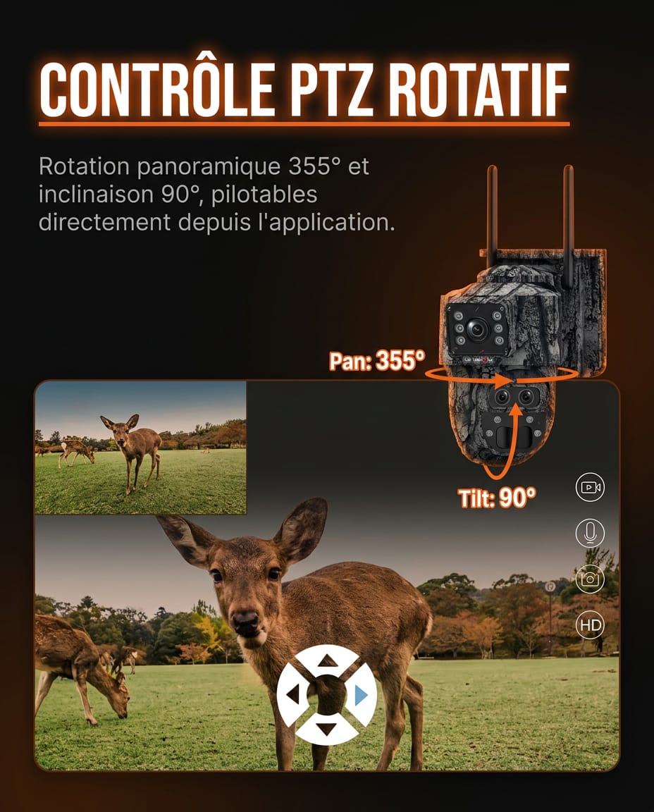 RoG V360 — Contrôle PTZ rotatif pan 355° tilt 90° depuis l'application