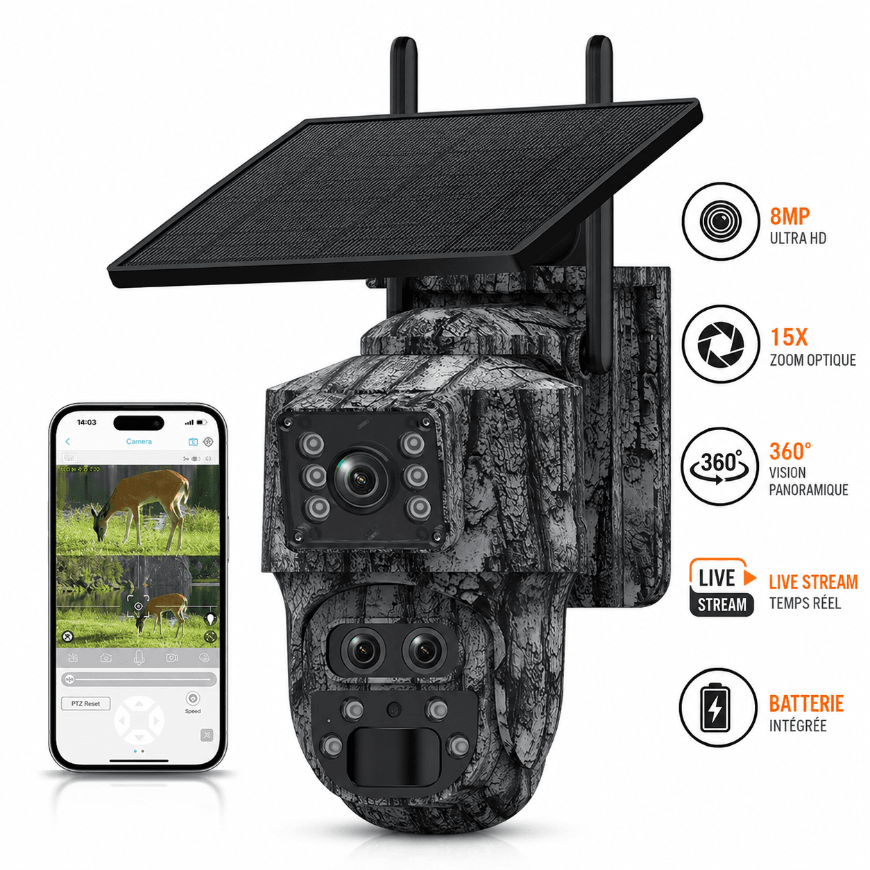 RoG V360 — Caméra solaire 4G motorisée + Zoom optique 15x