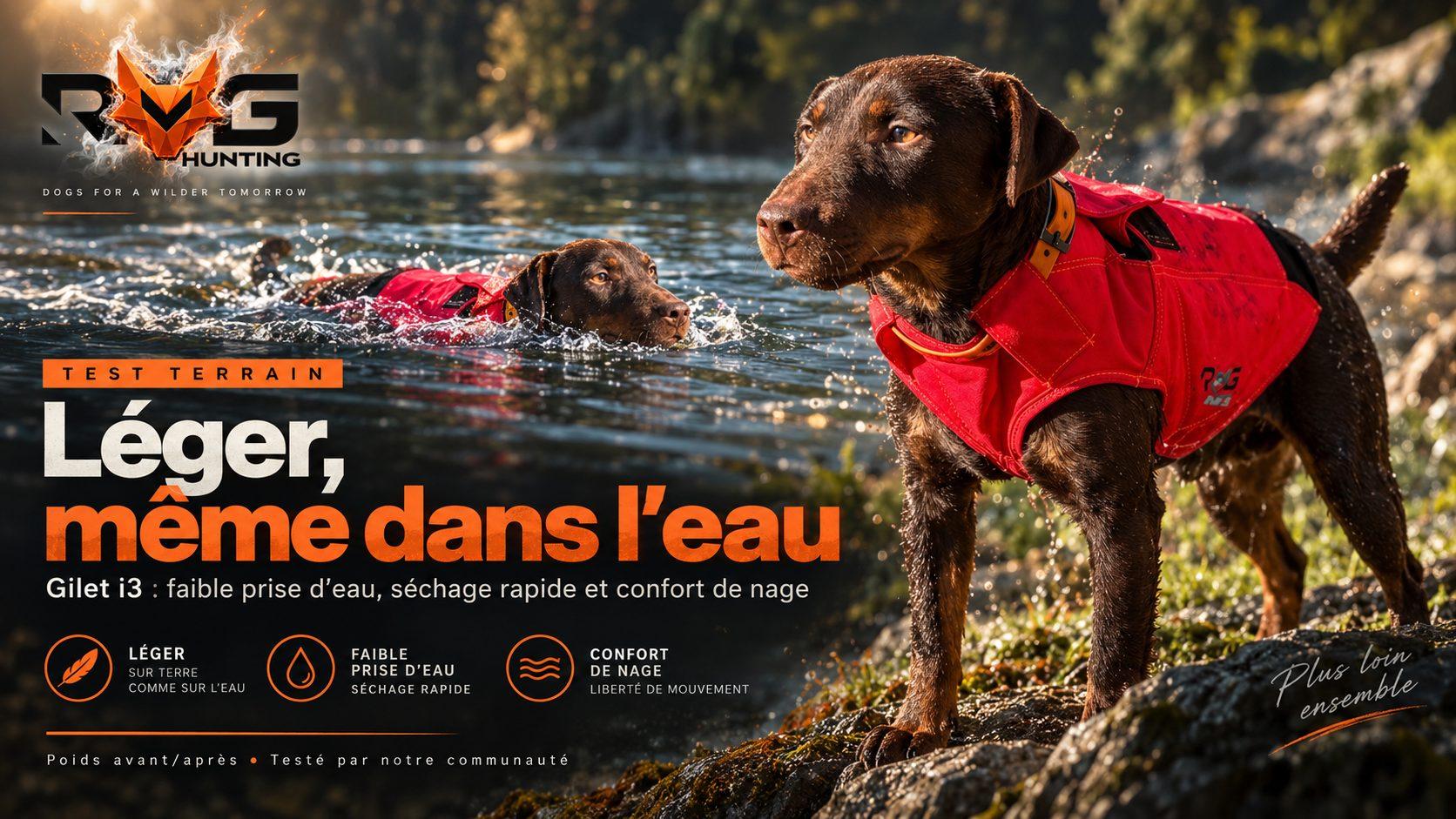 Jagd Terrier portant le gilet RoG Elite i3 lors du test immersion