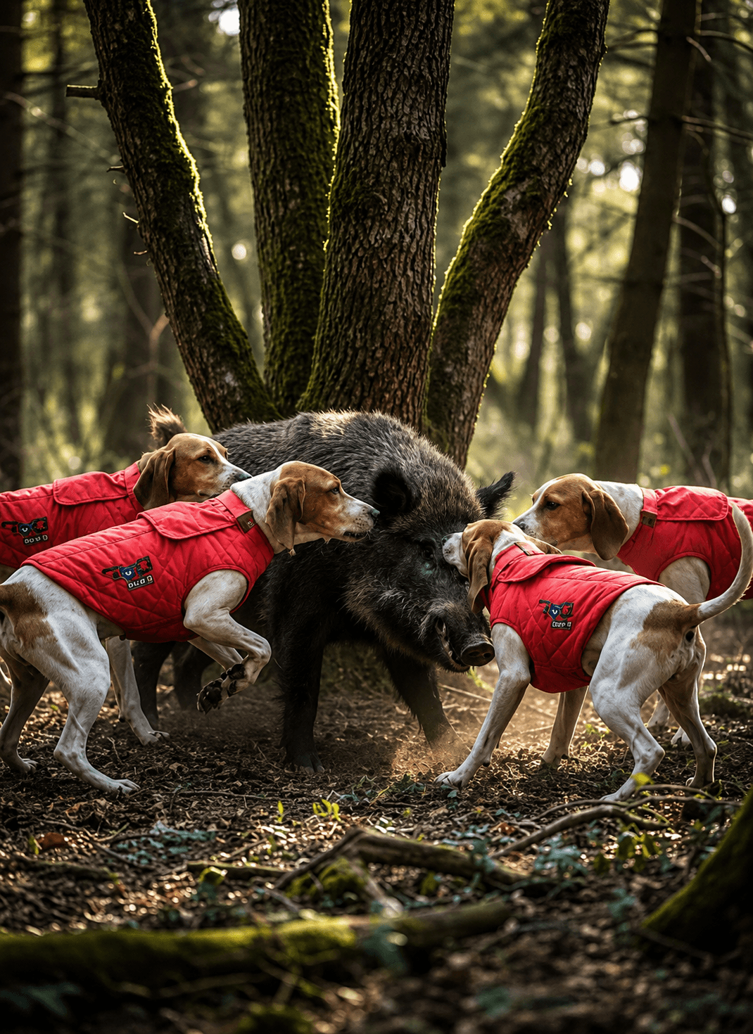 Meute de chiens équipés du gilet RoG Elite i3 face à un sanglier en forêt